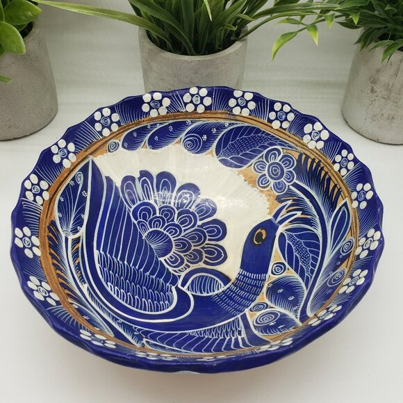 Vintage Hand Painted Mexican Talavera Blue Bird Art Pottery Dish 7.5" - Picture 8 of 8